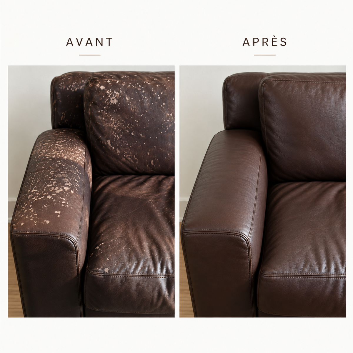 Avant : cuir marron usé et décoloré. Après : couleur marron uniforme après rénovation.